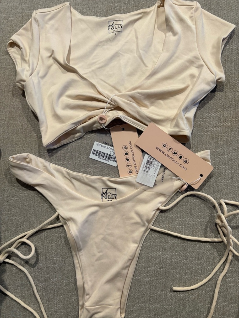 Oh Polly Cream Tie-Front Crop Top & String Bikini Bottoms S top M bottom